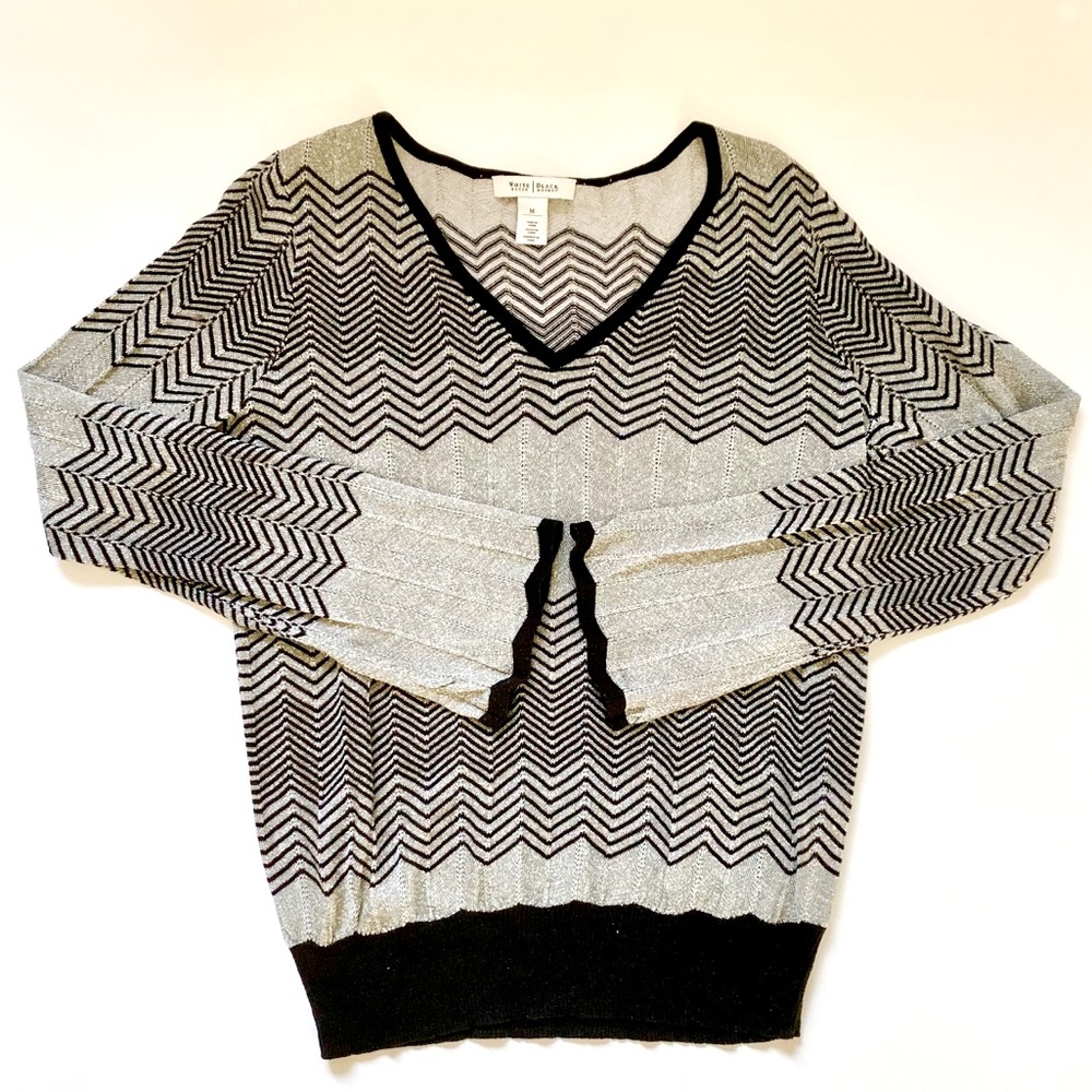WHBM Chevron Striped Metallic V-Neck Sweater